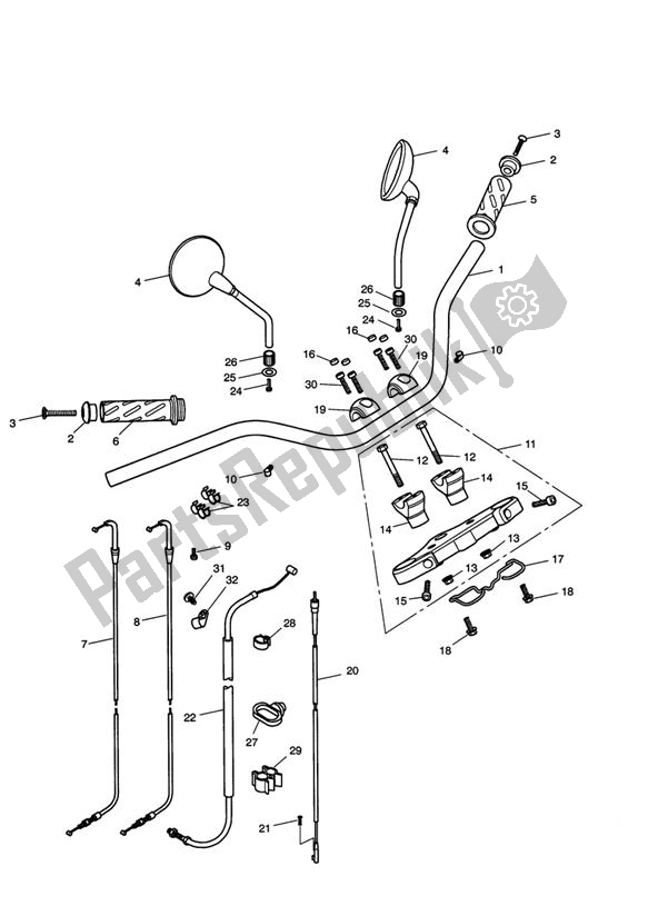 All parts for the Handlebars, Top Yoke, Cables & Mirrors of the Triumph America Carburettor 790 2002 - 2007